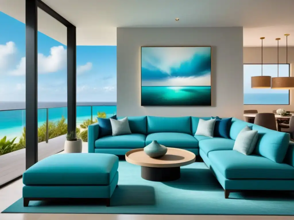 Salón de lujo con vista al mar en resort de tiempo compartido Una lujosa sala contemporánea en un resort de tiempo compartido, con vistas a una playa paradisíaca