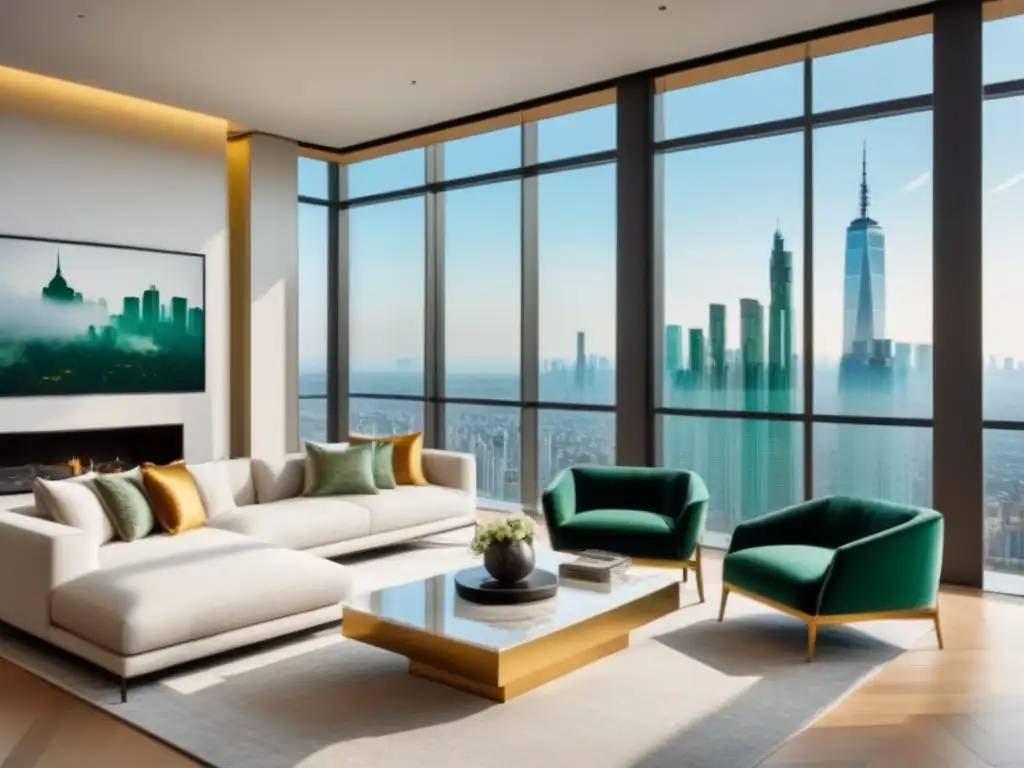 Sala de estar de lujo con vista a la ciudad en un apartamento de altura Una lujosa sala de estar moderna en un apartamento de gran altura con ventanales que muestran una impresionante vista del horizonte urbano