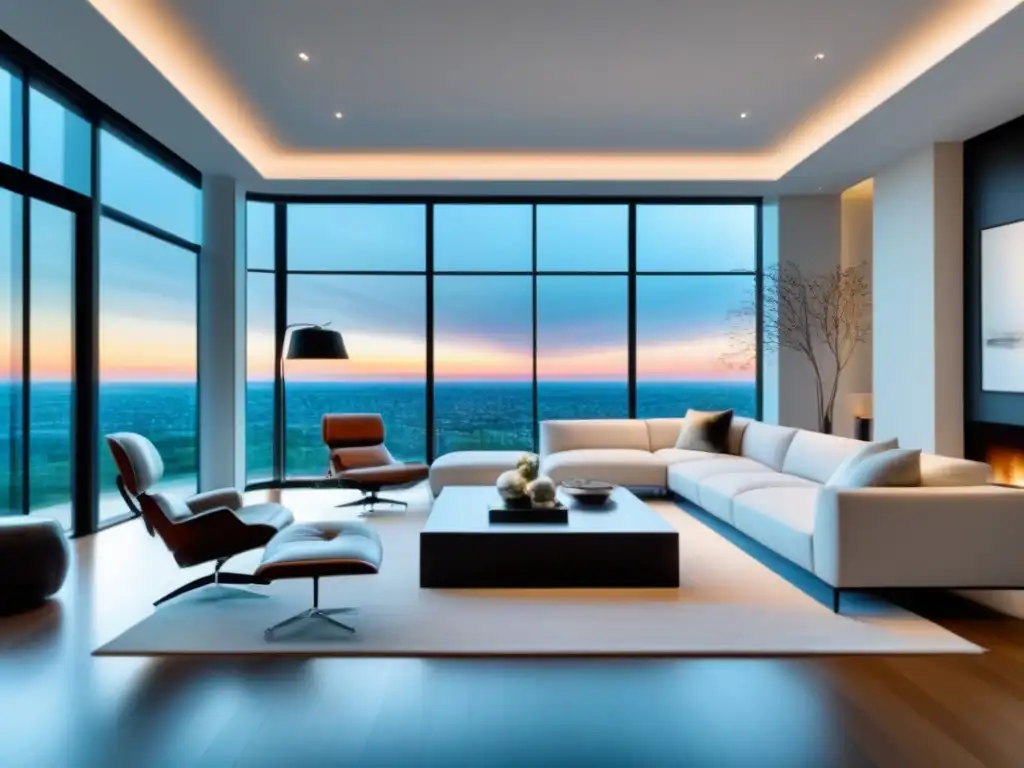 Salón de lujo con galería de arte privada y ventanales de piso a techo Una lujosa sala de estar moderna en una propiedad con galería de arte privada, mobiliario elegante y paleta sofisticada