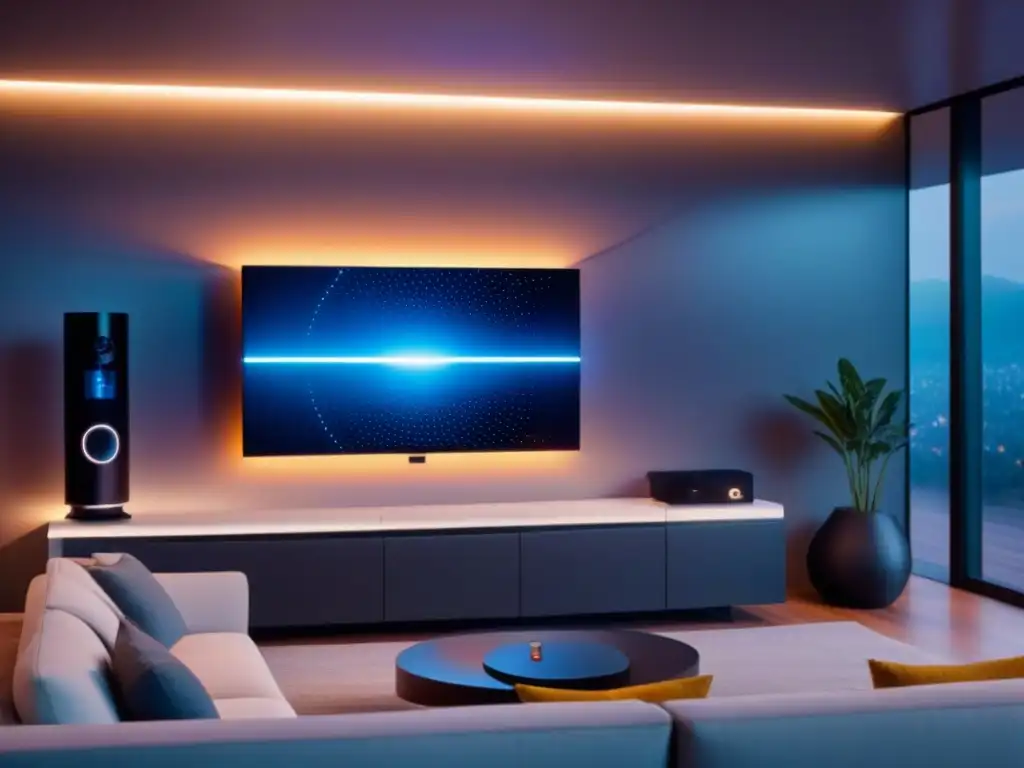 Sistema de seguridad domótica futurista en sala de lujo Una lujosa sala moderna con sistema de seguridad integrado, destacando la tecnología de reconocimiento facial y control biométrico