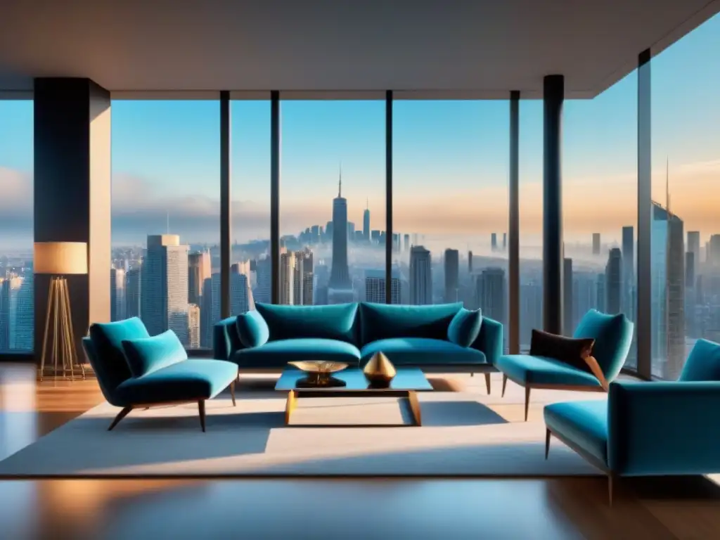 Salón moderno con vista panorámica de la ciudad Una lujosa sala moderna con ventanales panorámicos que muestran una ciudad vibrante