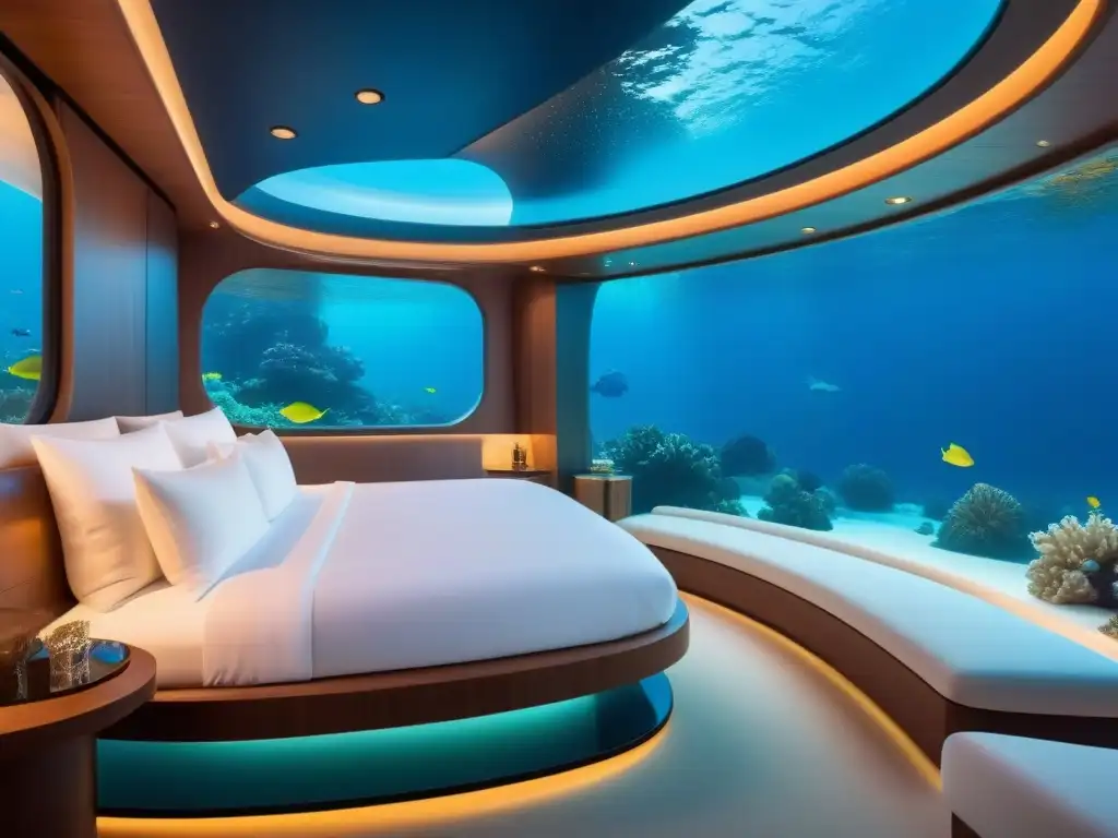 Suite submarina de lujo: oasis exclusivo en el fondo marino Una lujosa suite submarina con vista a arrecifes de coral, elegante mobiliario y ambiente sereno