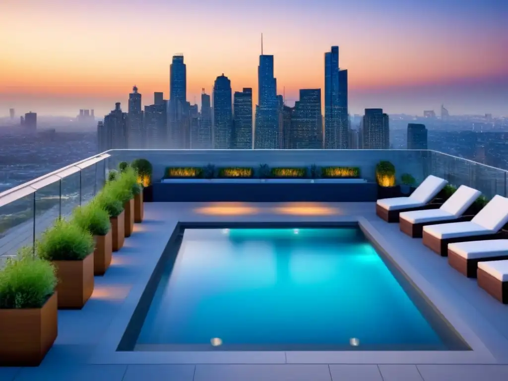 Terraza de lujo con piscina y vistas urbanas al atardecer Una lujosa terraza en la azotea de una moderna propiedad multifamiliar, con piscina, elegantes sillas, vegetación y vista a la ciudad al atardecer