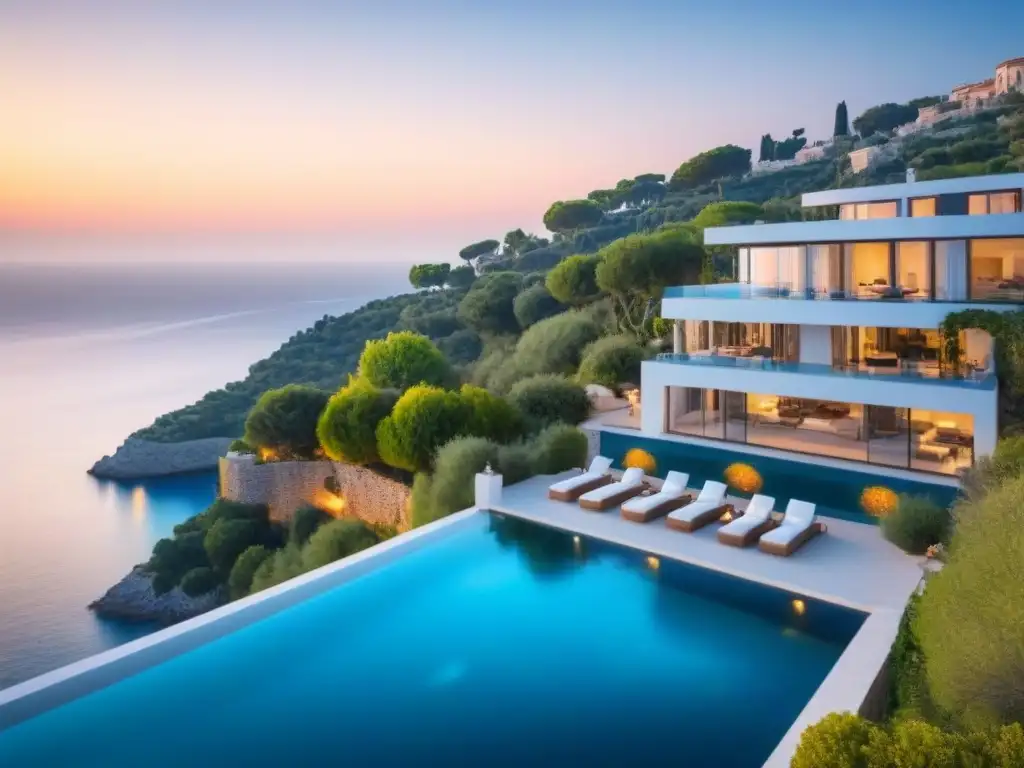 Villa de lujo mediterránea en acantilado con vistas al mar Una lujosa villa mediterránea en el acantilado, con piscina infinita y vistas al mar cristalino
