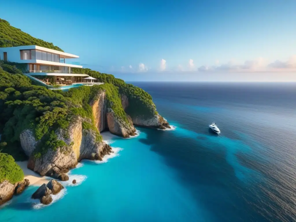 Villa de lujo en acantilado con piscina infinita y vistas al mar Una lujosa villa costera en un acantilado, con piscina infinity y yate