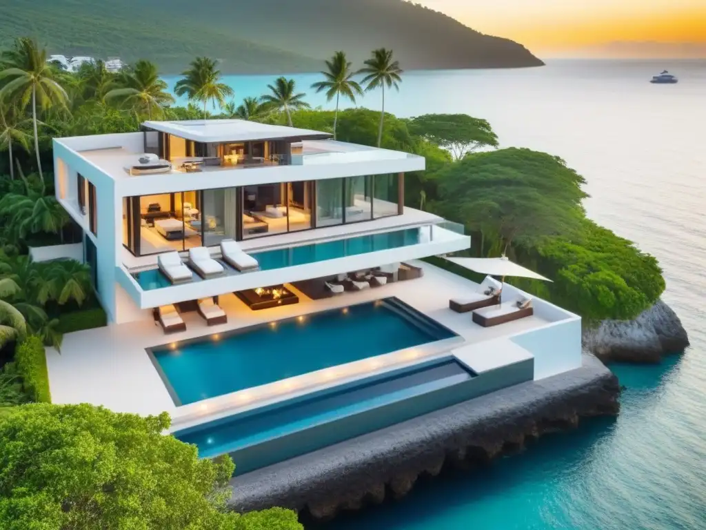Villa de lujo frente al mar con piscina infinita y diseño moderno Una lujosa villa costera con impacto en el mercado de villas, rodeada de exuberante vegetación y vistas al mar turquesa