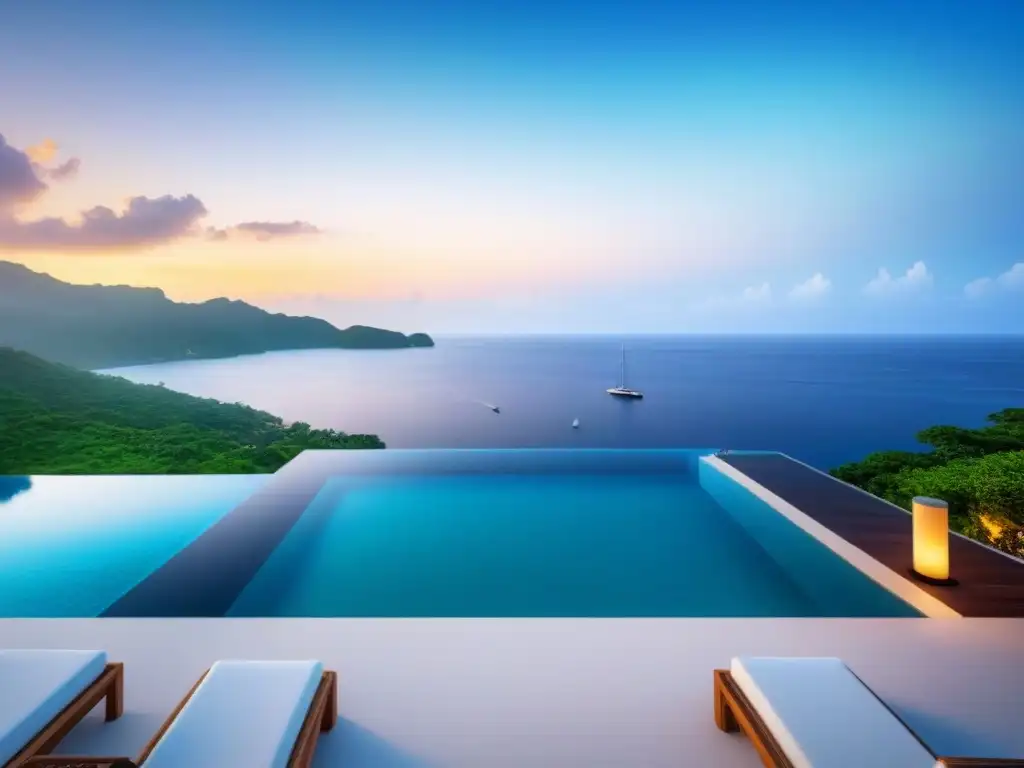 Villa de lujo con piscina infinita en paraíso tropical Una lujosa villa costera con piscina infinita yate marina tropical atardecer exclusiva Marketing villas vacacionales inversores globales
