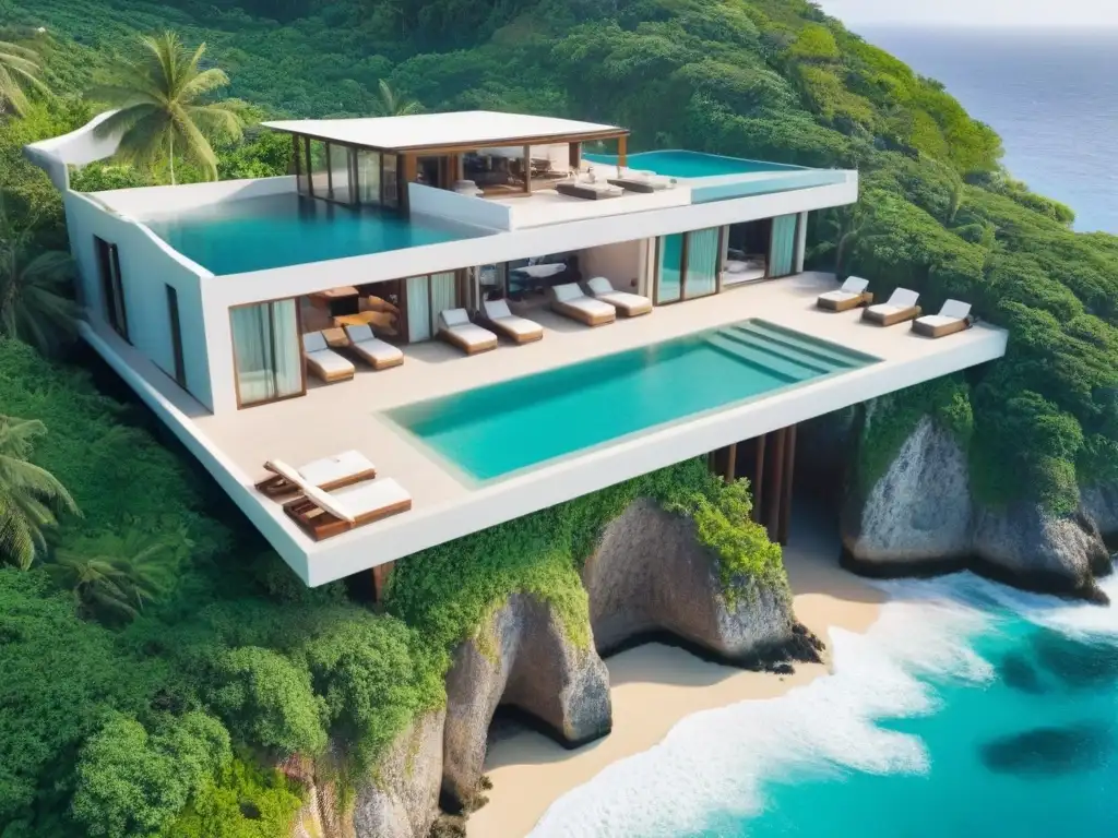 Villa de lujo en acantilado con vistas al mar turquesa Una lujosa villa costera con vistas al mar turquesa y rodeada de vegetación exuberante y palmeras