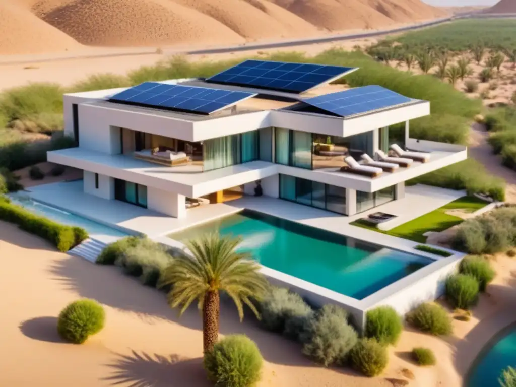 Villa de lujo ecológica en el desierto: armonía sostenible Una lujosa villa ecológica en el desierto de Medio Oriente, integrando diseño arquitectónico moderno con el entorno árido