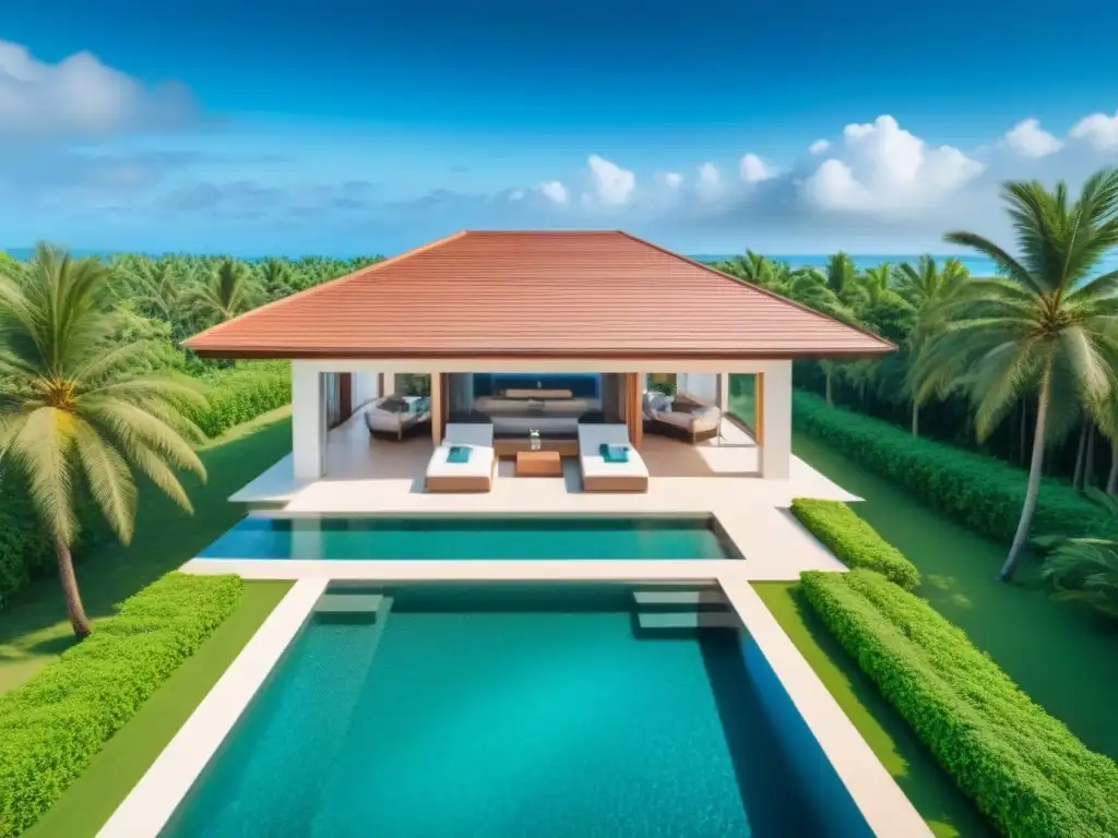 Villa de lujo frente al mar con piscina infinita privada Una lujosa villa frente al mar con piscina infinita privada, rodeada de naturaleza exuberante, bajo un cielo azul