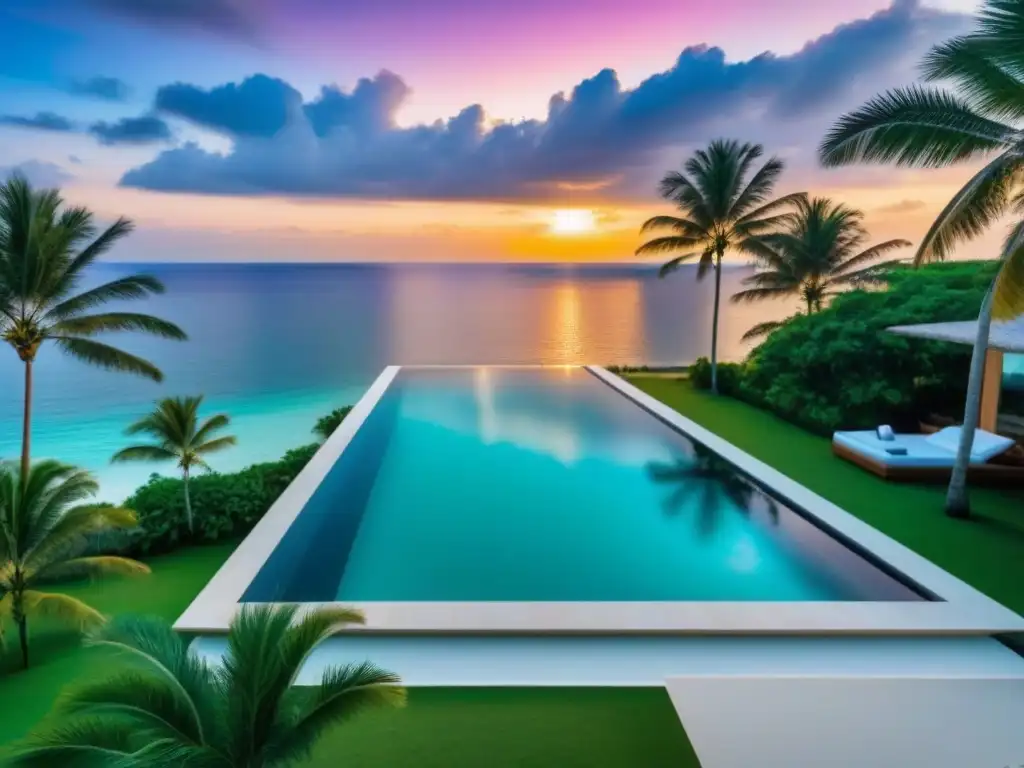 Villa de lujo frente al mar: paraísos tropicales Una lujosa villa frente a la playa con piscina infinita, rodeada de palmeras, en paraíso tropical
