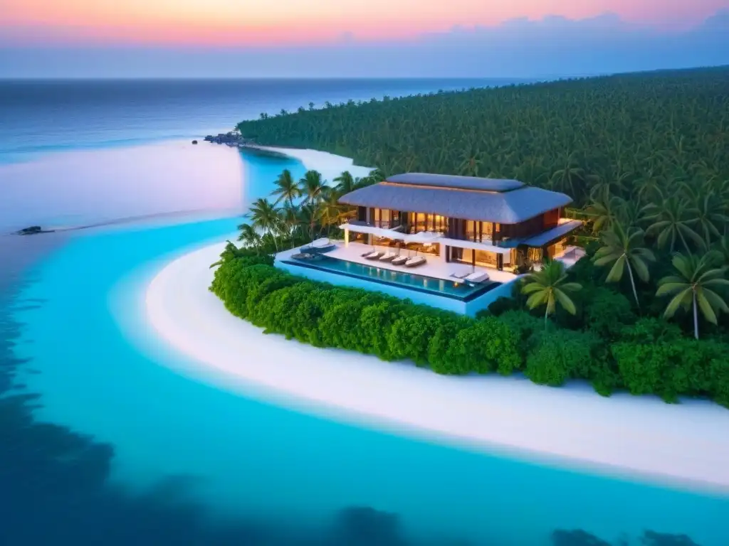 Villa de lujo en playa paradisíaca al atardecer Una lujosa villa frente a la playa rodeada de palmeras, con una piscina infinita que se funde con el mar en una puesta de sol vibrante