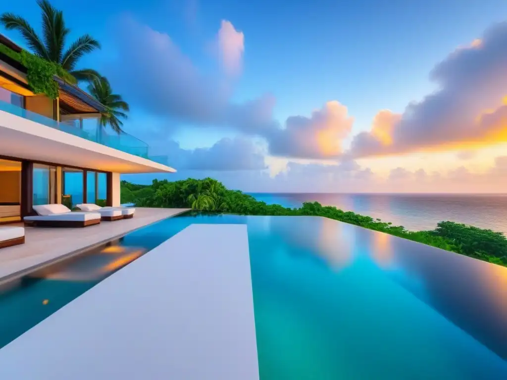 Villa de lujo frente al mar con diseño contemporáneo y vistas increíbles Una lujosa villa frente a la playa con diseño contemporáneo y ventanales de piso a techo, rodeada de exuberante vegetación tropical