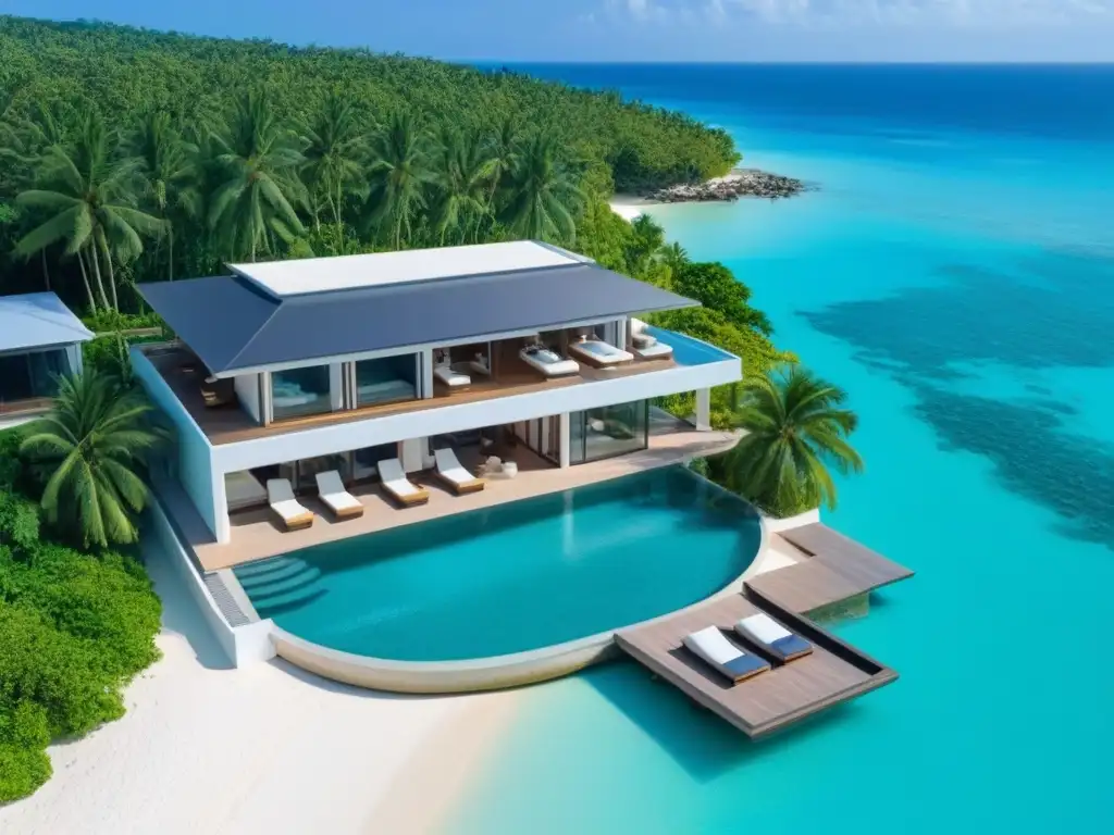 Villa de lujo frente al mar: piscina infinita y vistas paradisíacas Una lujosa villa frente a la playa con piscina infinita, rodeada de palmeras y playas de arena dorada