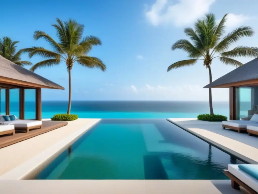 Villa de lujo frente a la playa con diseño moderno y vistas panorámicas Una lujosa villa frente a la playa con diseño moderno y elegante, ventanas panorámicas con vista al mar turquesa y arena blanca