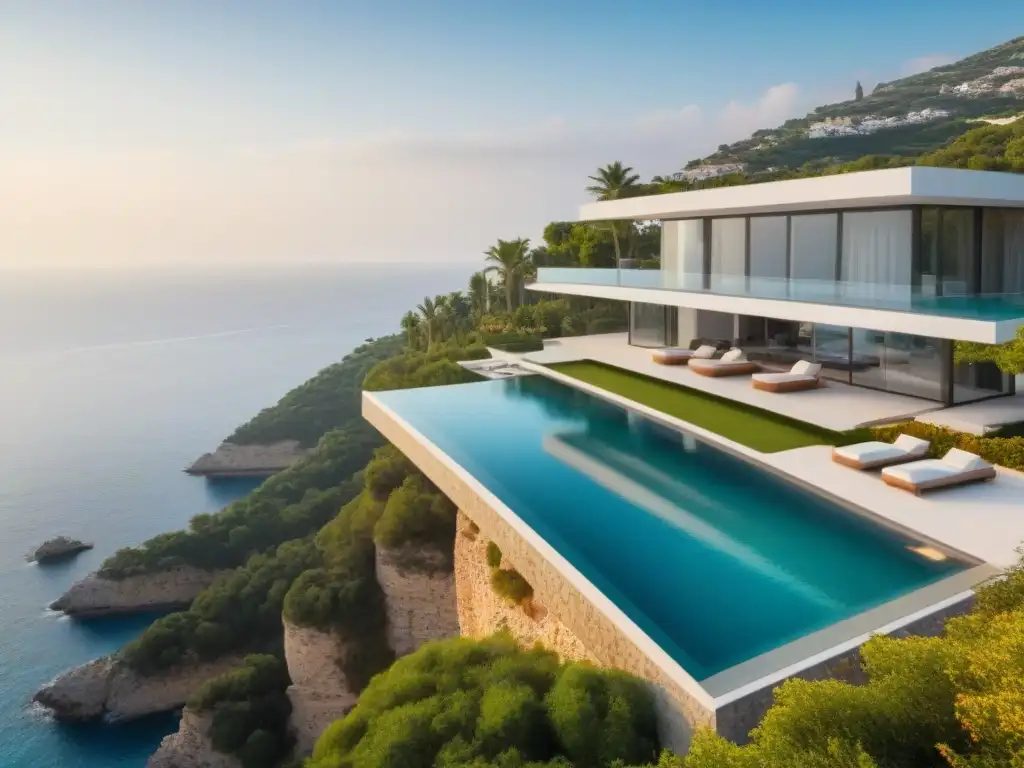 Villa de lujo con vistas al mar en acantilado mediterráneo Una lujosa villa moderna en un acantilado con vistas al mar Mediterráneo
