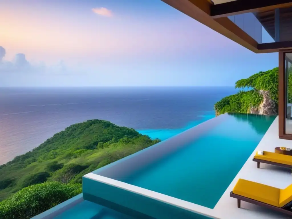 Villa de lujo con piscina infinita en acantilado Una lujosa villa moderna en un acantilado con vistas al mar turquesa, rodeada de vegetación exuberante y palmeras meciéndose suavemente en la brisa