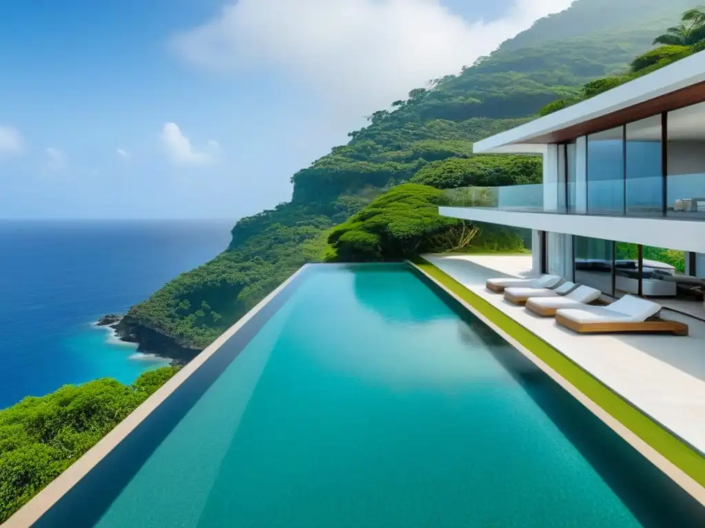 Villa de lujo moderna en acantilado con vistas al mar Una lujosa villa moderna con arquitectura de lujo internacional, en el borde de un acantilado con vista al océano