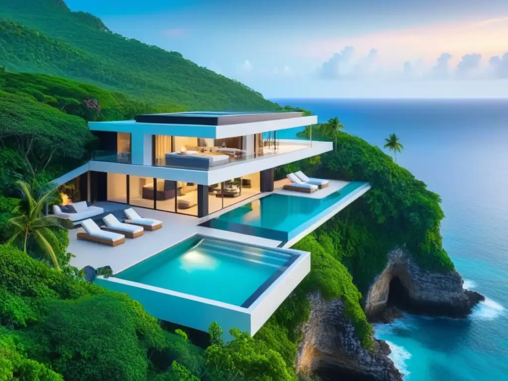 Villa de lujo en acantilado con vistas al mar turquesa en paraíso tropical Una lujosa villa moderna en el borde de un acantilado con vistas al mar en el Sudeste Asiático