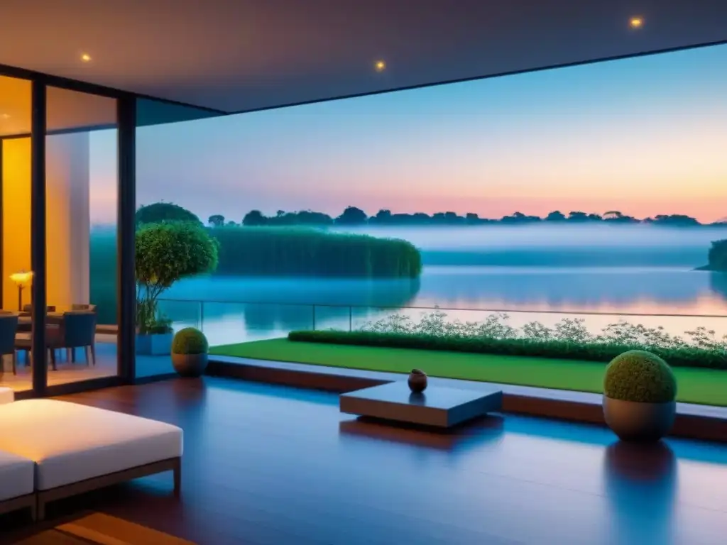 Villa de lujo con diseño arquitectónico moderno en entorno natural Una lujosa villa moderna con diseño arquitectónico elegante, rodeada de exuberante vegetación y con vista a un lago sereno al atardecer