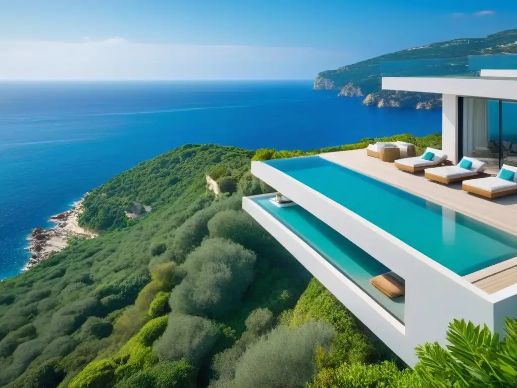 Villa de lujo con vistas al mar: oasis moderno en el acantilado Una lujosa villa moderna con diseño minimalista y vistas al mar Mediterráneo, ideal para tendencias diseño villas vacacionales lujo