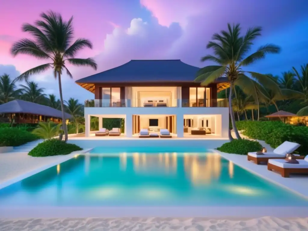Villa de lujo frente a la playa: inversión exótica en timeshare Una lujosa villa moderna frente a la playa con piscina infinita, aguas turquesas y playa de arena blanca