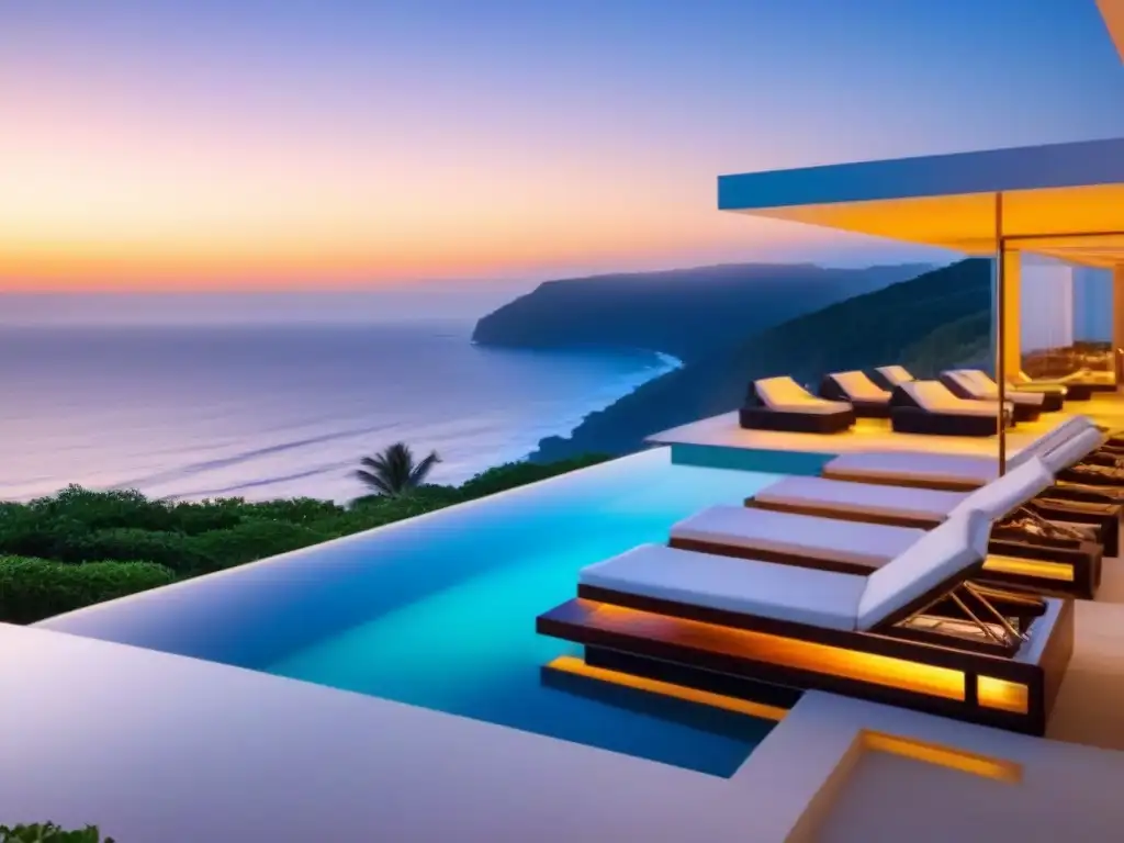 Villa de lujo en la playa con piscina infinita y vistas panorámicas al mar Una lujosa villa moderna frente a la playa con vistas panorámicas al mar, piscina infinita y terraza privada