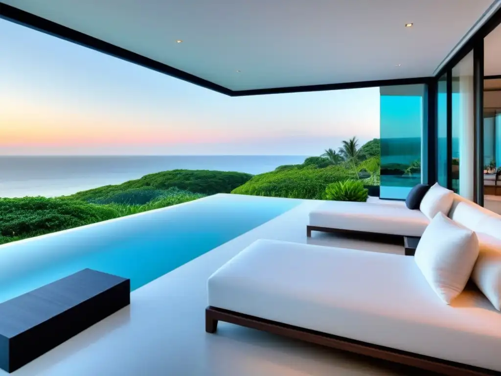 Villa de lujo en la playa: diseño moderno con vistas al mar Una lujosa villa moderna frente a la playa con ventanales de piso a techo que muestran la impresionante vista al océano