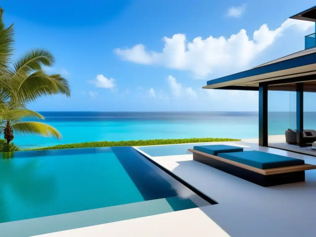 Villa de lujo frente al mar: diseño moderno con vistas panorámicas Una lujosa villa moderna frente a la playa, con diseño arquitectónico elegante y vistas panorámicas, ideal para estrategias inversión propiedades vacacionales internacionales