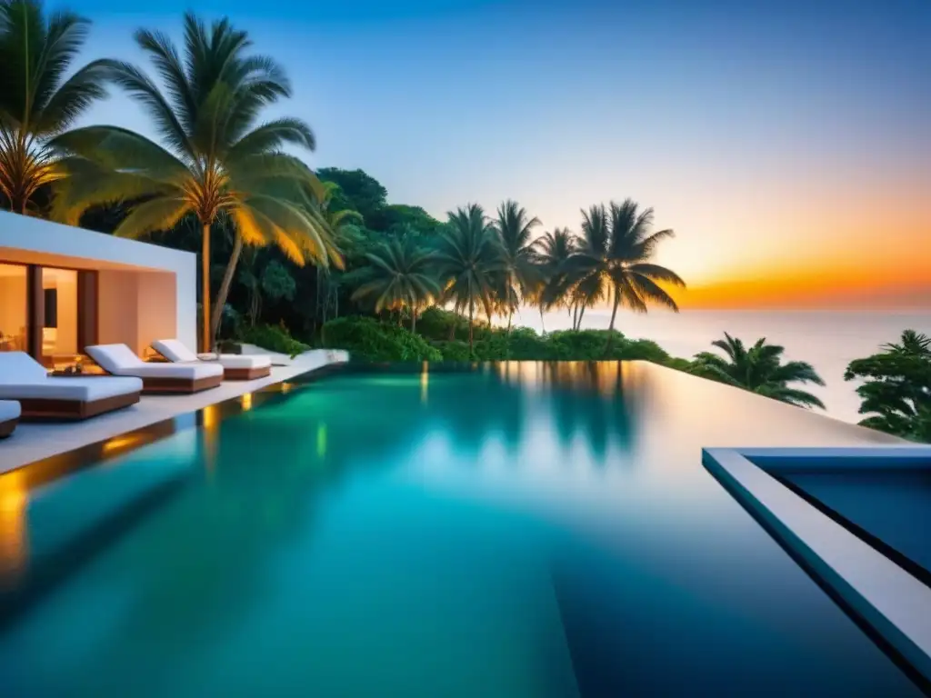 Villa de lujo frente al mar con piscina infinita y vistas panorámicas Una lujosa villa moderna frente a la playa con piscina infinita, rodeada de palmeras y una playa de arena blanca