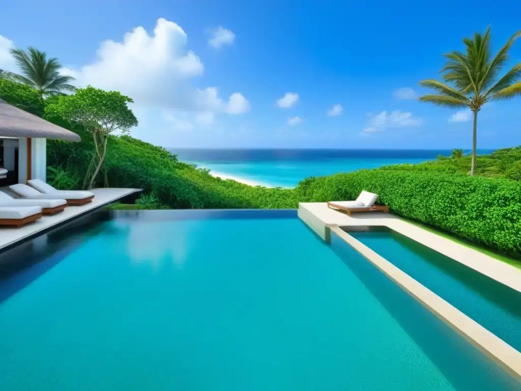Villa de lujo frente al mar: arquitectura moderna y vistas impresionantes Una lujosa villa moderna frente a la playa en un destino internacional exótico, con arquitectura elegante y vistas impresionantes al mar