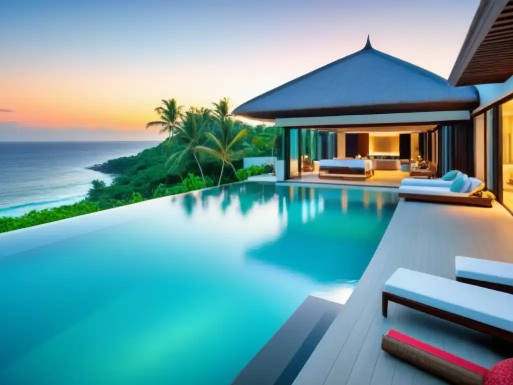 Villa de lujo frente al mar: exclusividad y opulencia Una lujosa villa moderna frente a la playa con arquitectura elegante, piscina infinita privada y exuberante vegetación tropical