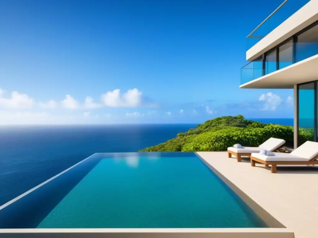Villa de lujo en isla privada con vistas al mar Una lujosa villa moderna en una isla privada con vistas al mar, piscina infinita y exuberante vegetación