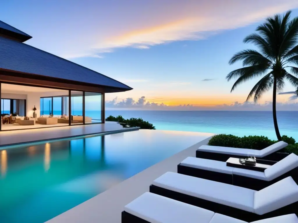 Villa de lujo frente al mar con vista panorámica y diseño moderno Una lujosa villa moderna frente al mar con ventanales que ofrecen vistas a aguas turquesas, rodeada de palmeras, piscina infinita y diseño elegante