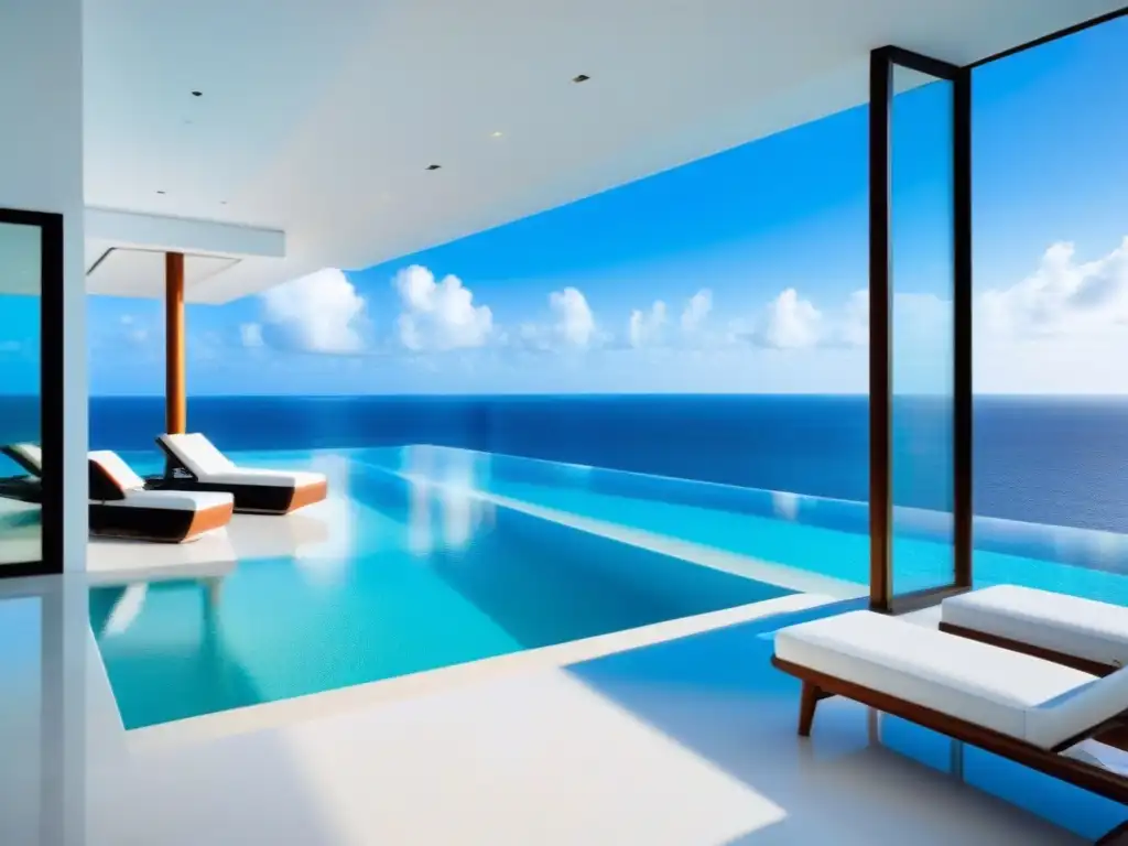 Villa de lujo en la playa con vista al mar y piscina infinita Una lujosa villa moderna frente al mar con vista panorámica a aguas turquesas y arena blanca, piscina infinita y helipuerto privado