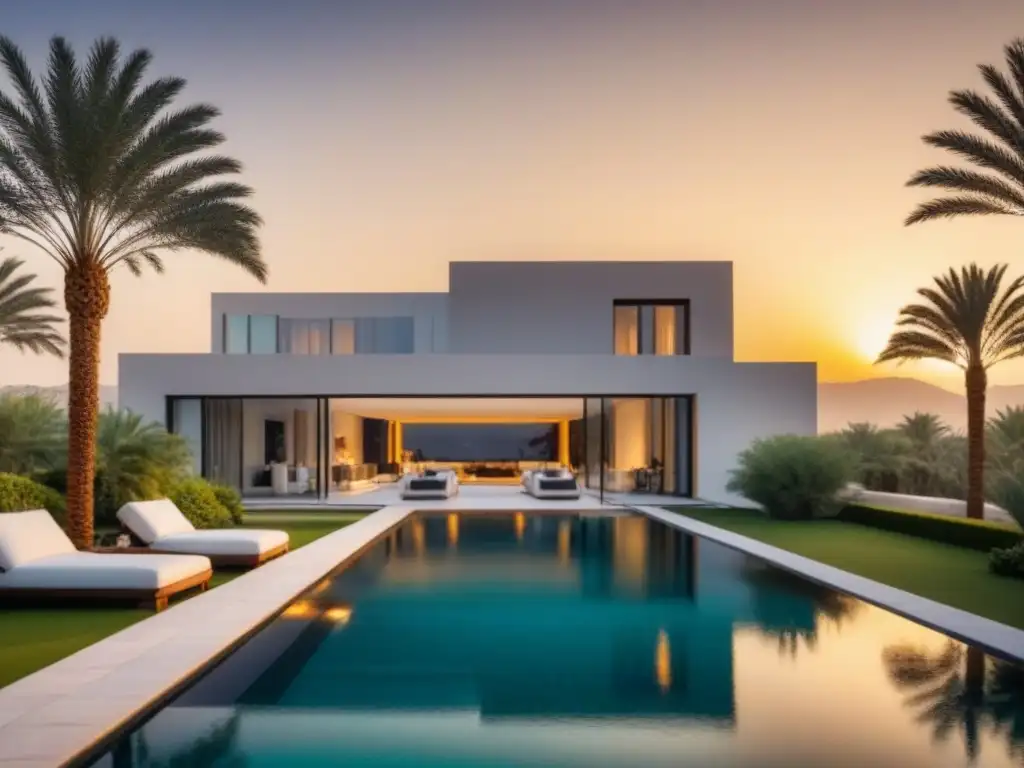 Villa de lujo en el Medio Oriente: diseño moderno y exótico Una lujosa villa moderna en Medio Oriente con diseño arquitectónico elegante, piscina infinity y jardín exótico