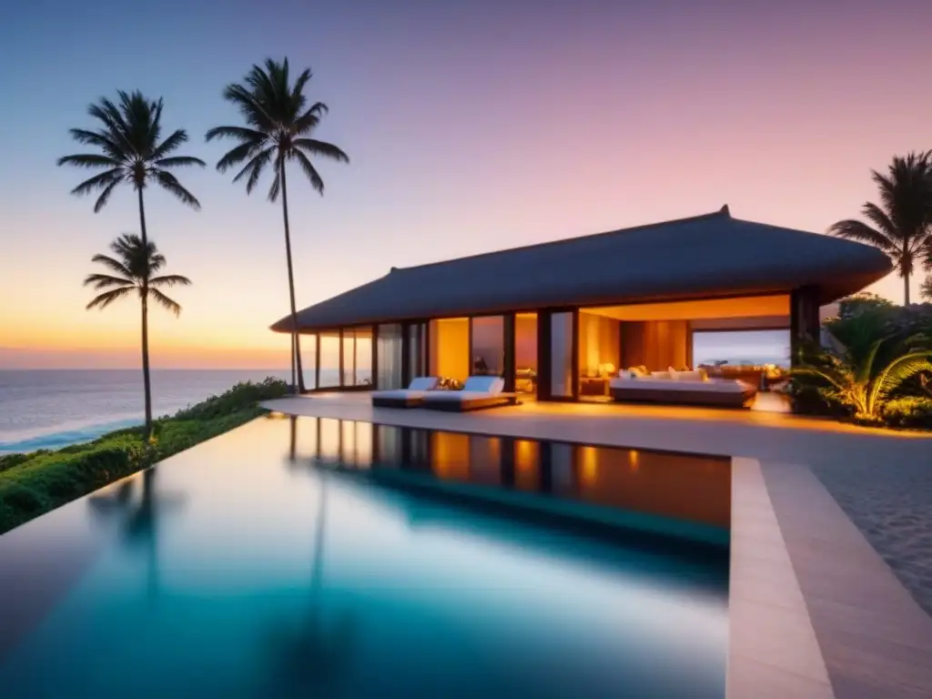 Villa de lujo frente al mar al atardecer: paraíso tropical Una lujosa villa moderna con piscina infinita privada al atardecer en la playa