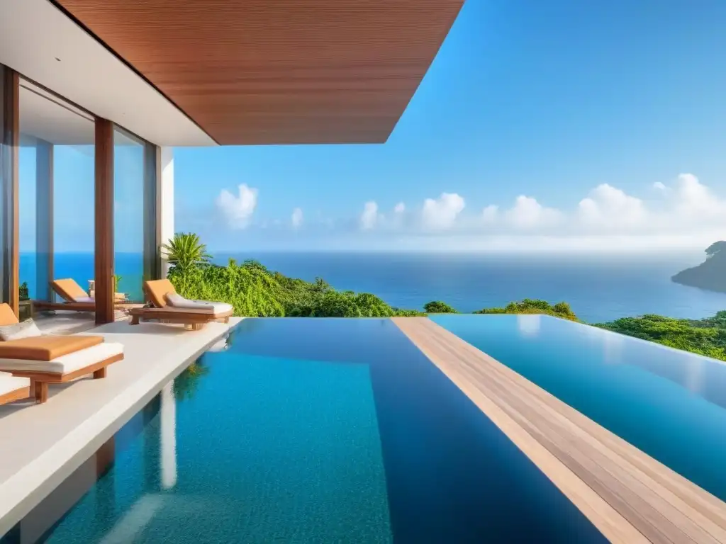 Villa de lujo con piscina infinita y vistas al océano Una lujosa villa moderna con piscina infinita, rodeada de exuberante vegetación y vistas al mar, en un ambiente sereno y relajante