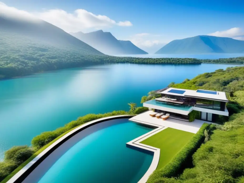 Villa de lujo con piscina infinita y vista al lago en América del Norte Una lujosa villa moderna rodeada de naturaleza, con una piscina infinita y vista a un lago tranquilo en Norteamérica