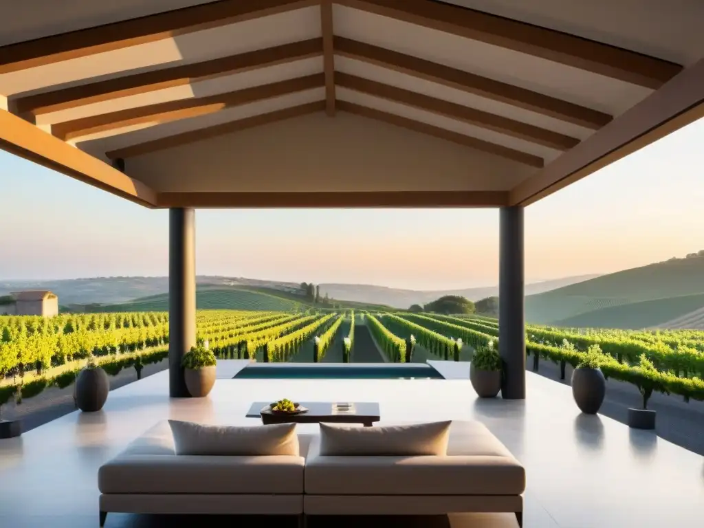 Villa de lujo entre viñedos al atardecer Una lujosa villa moderna en viñedos, con elegante diseño arquitectónico y piscina infinita, ideal para casas exclusivas en viñedos internacionales