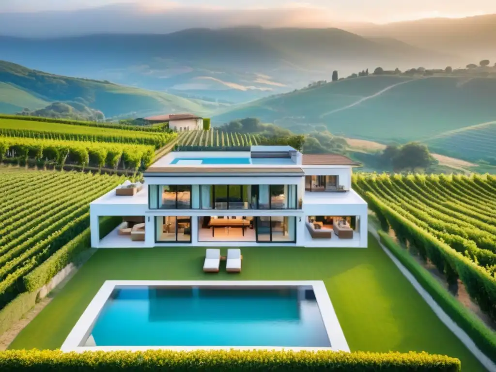 Villa de lujo entre viñedos: modernidad en paisaje natural Una lujosa villa moderna en viñedos, con piscina y comedor al aire libre