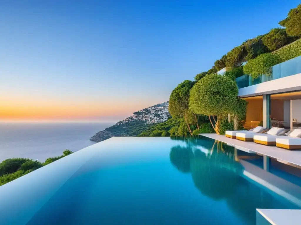 Villa de lujo frente al mar: diseño moderno y elegante Una lujosa villa moderna con vistas al mar Mediterráneo, diseño minimalista y piscina infinita, rodeada de palmeras y jardines