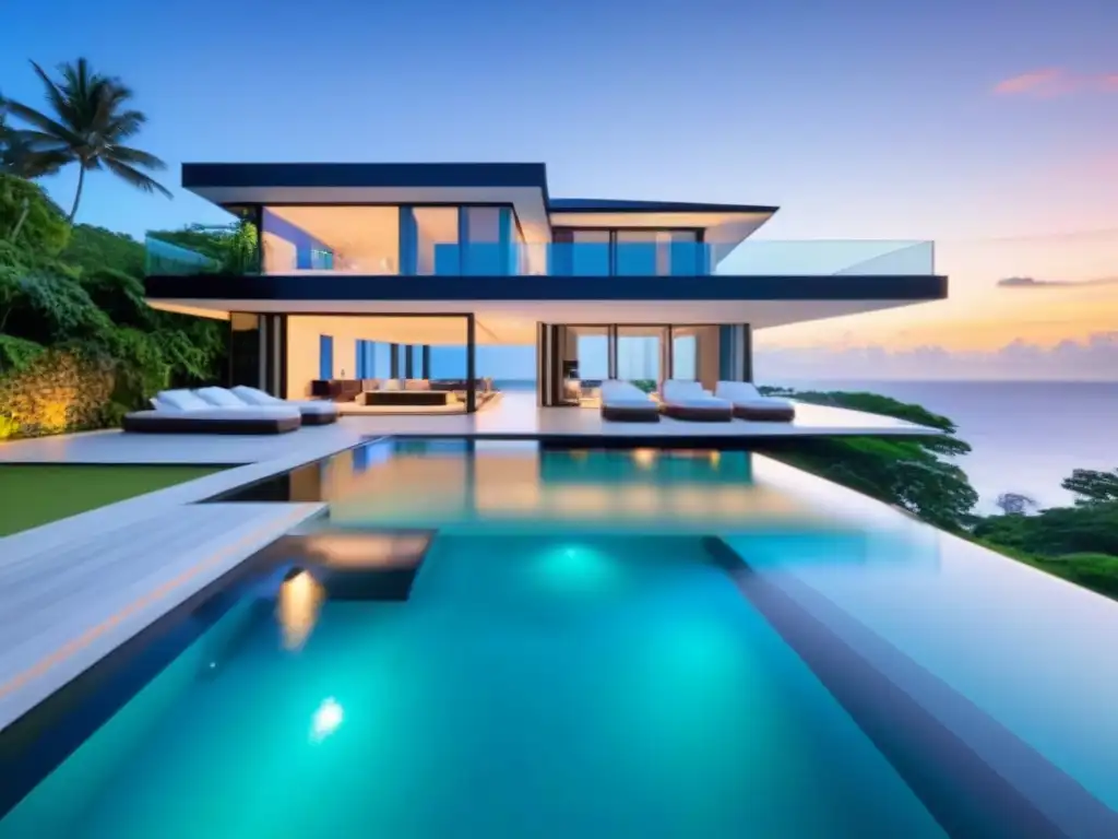 Villa de lujo con vistas al mar: arquitectura moderna en paraíso tropical Una lujosa villa moderna con vistas al océano turquesa, rodeada de vegetación tropical