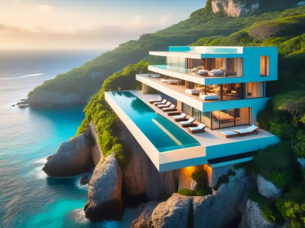 Villa de lujo en acantilado: piscina infinita con vistas al mar Una lujosa villa vacacional en la costa, con piscina infinita y vistas al mar, siguiendo las tendencias globales