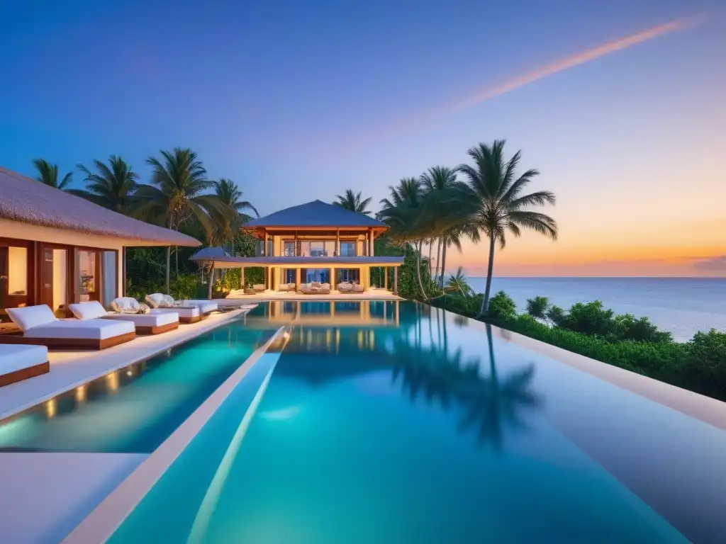 Villa de lujo frente al mar al atardecer Una lujosa villa vacacional en la costa al atardecer, con vista a una playa cristalina
