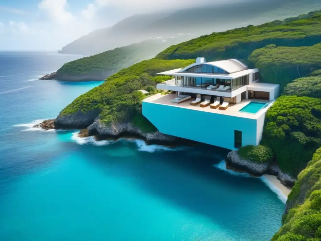 Villa de lujo en acantilado: oasis moderno frente al mar Una lujosa villa vacacional costera con vistas al océano, fusionando diseño contemporáneo con la belleza natural