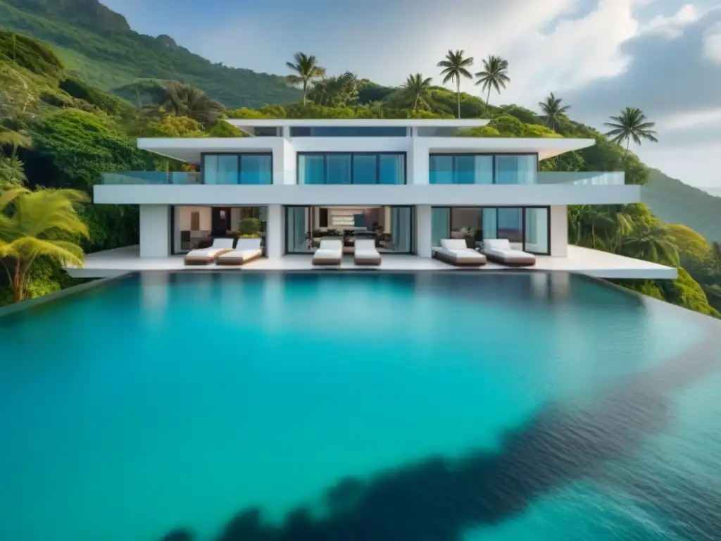 Villa de lujo en paraíso turquesa: éxito en inversión inmobiliaria Una lujosa villa vacacional frente al mar turquesa rodeada de exuberante vegetación y palmeras, con moderno diseño y piscina infinita