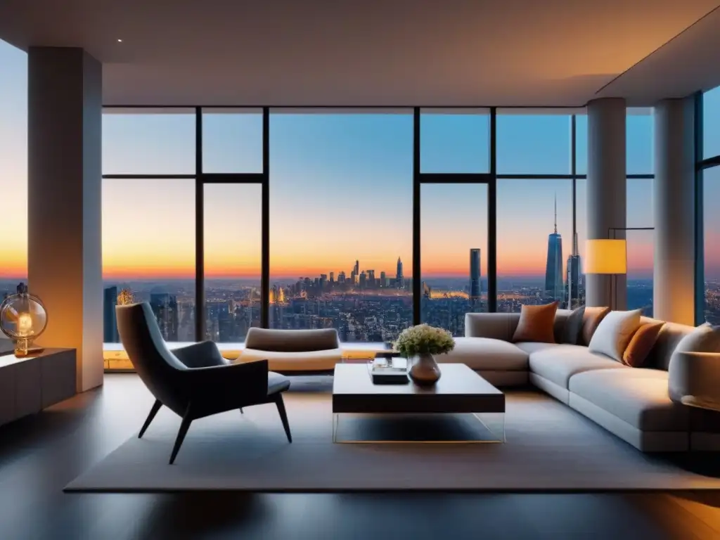 Apartamento de lujo con vista panorámica al atardecer Un lujoso apartamento moderno con diseño minimalista, ventanales y tecnología smart home