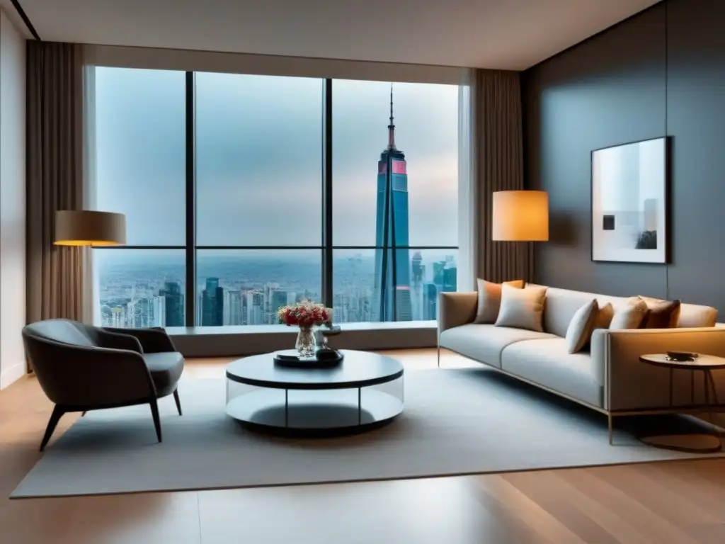 Interior lujoso de apartamento moderno con vista panorámica a la ciudad Un lujoso apartamento moderno con mobiliario elegante, ventanales panorámicos y decoración en tonos neutros