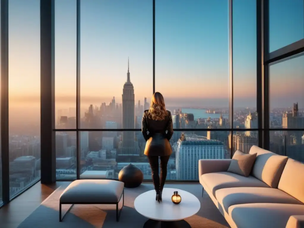 Apartamento de lujo con vista panorámica al atardecer en la ciudad Un lujoso apartamento moderno con ventanales de piso a techo y vistas a un bullicioso paisaje urbano al atardecer